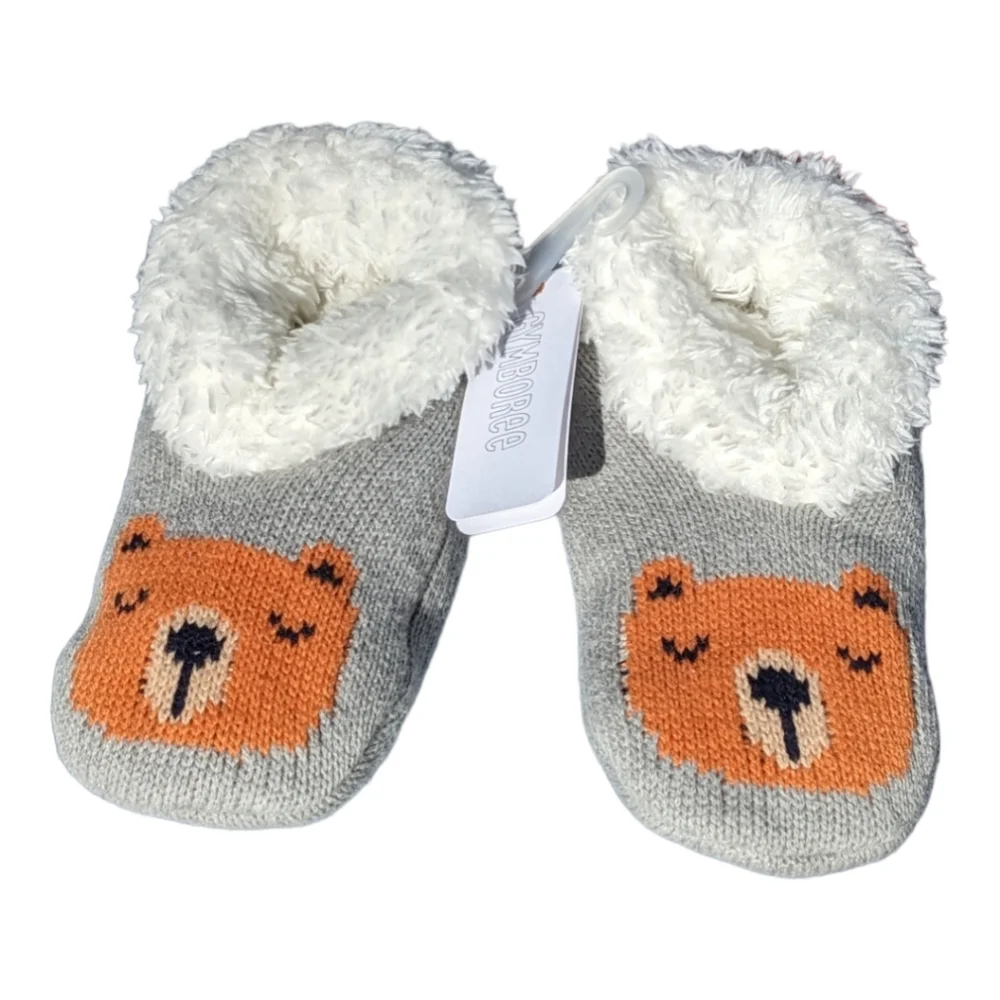 Gymboree S 5-6 Joy/Peace Bear Knit Grey Slippers W/ Nonslip Sole